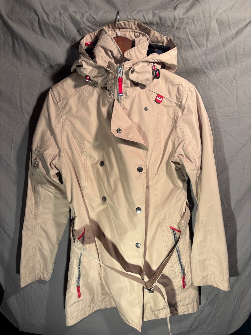 Helly Hansen Beige Hooded Trench Coat with Red Accents